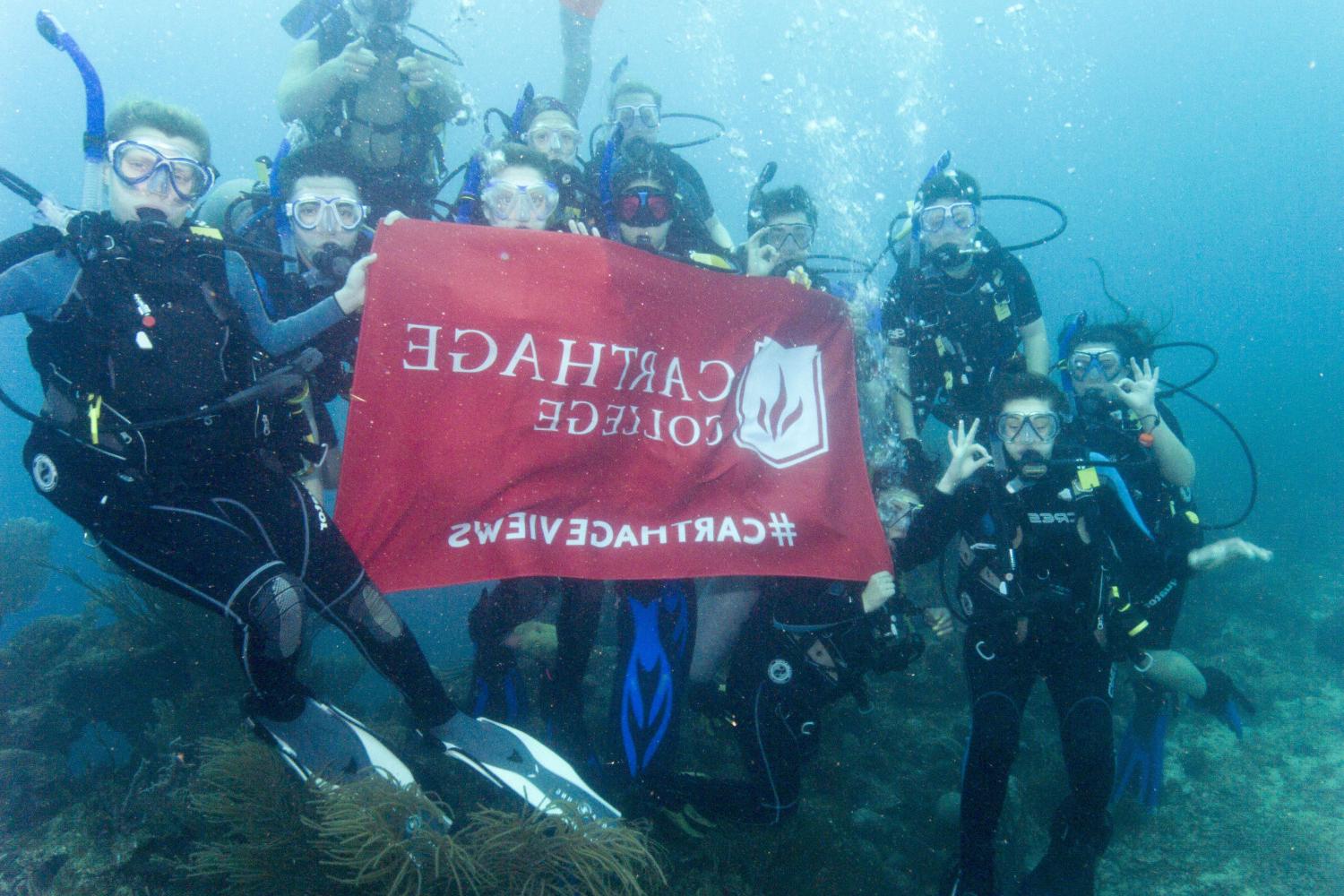 学生们手持<a href='http://znff.ngskmc-eis.net'>bv伟德ios下载</a>旗帜，在j学期洪都拉斯游学之旅中潜水.